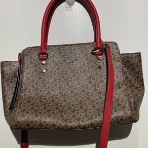 DKNY Monogram Logo Satchel Handbag Brown Red Crossbody Bag Medium